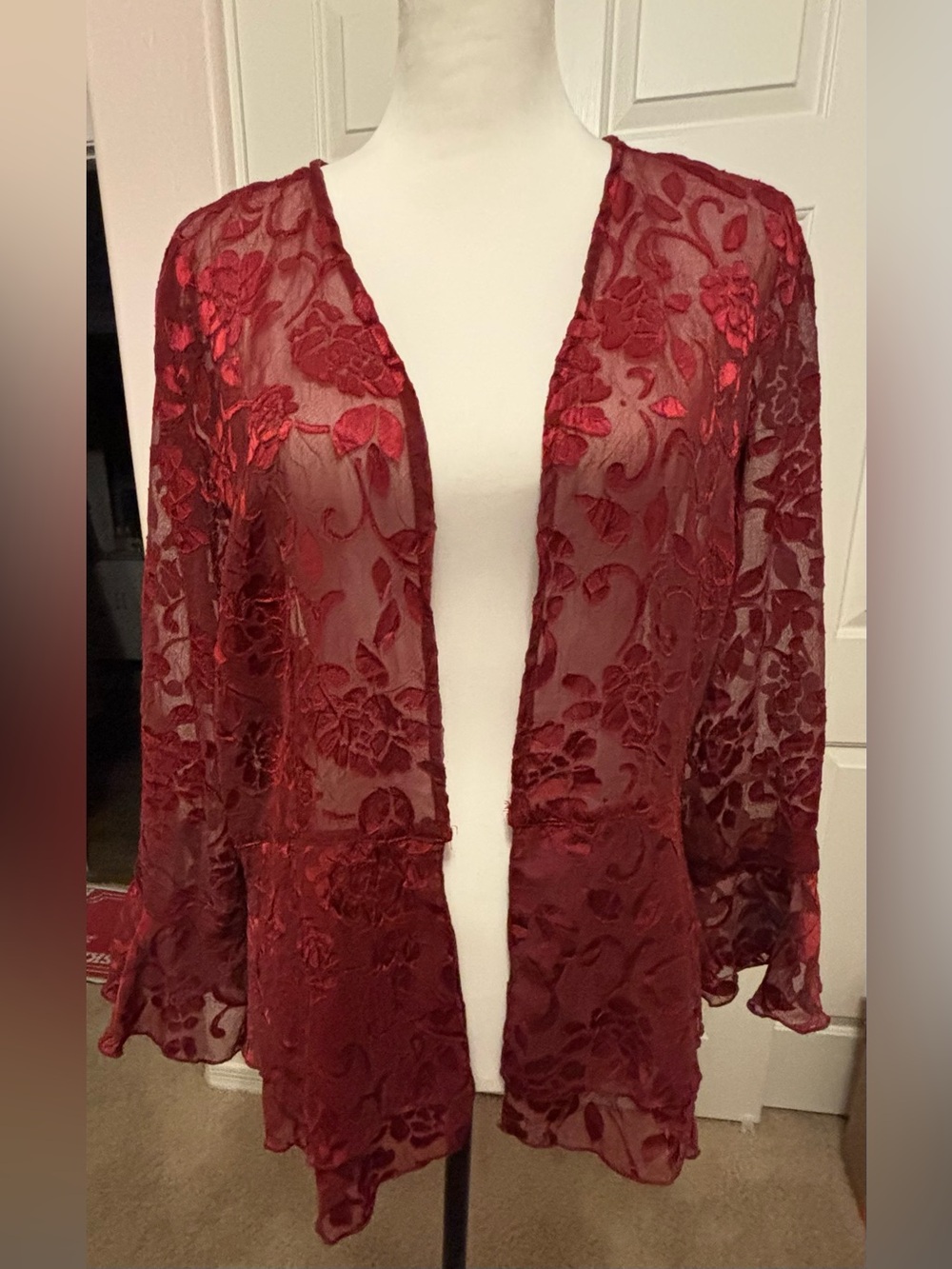 Deep Red/Burgandy Floral Burnout Sheer Open Cardigan